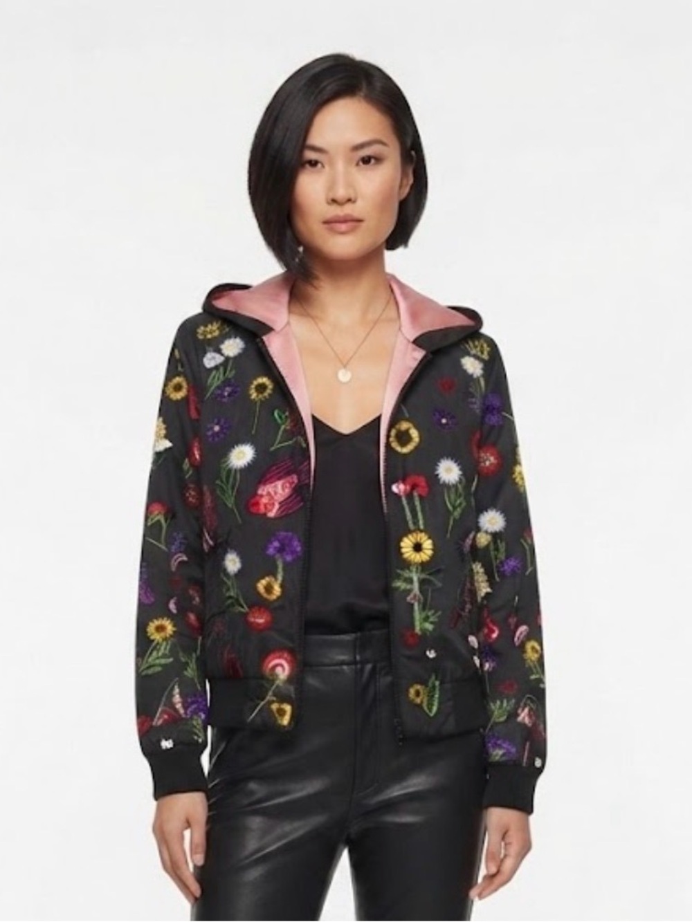alice + olivia Floral Bird Embroidered Silk Bomber Hooded Jacket Black S/P